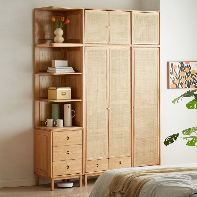 藤编衣柜现代简约柜子组合橡木藤编简易衣橱收纳柜卧室挂衣柜
