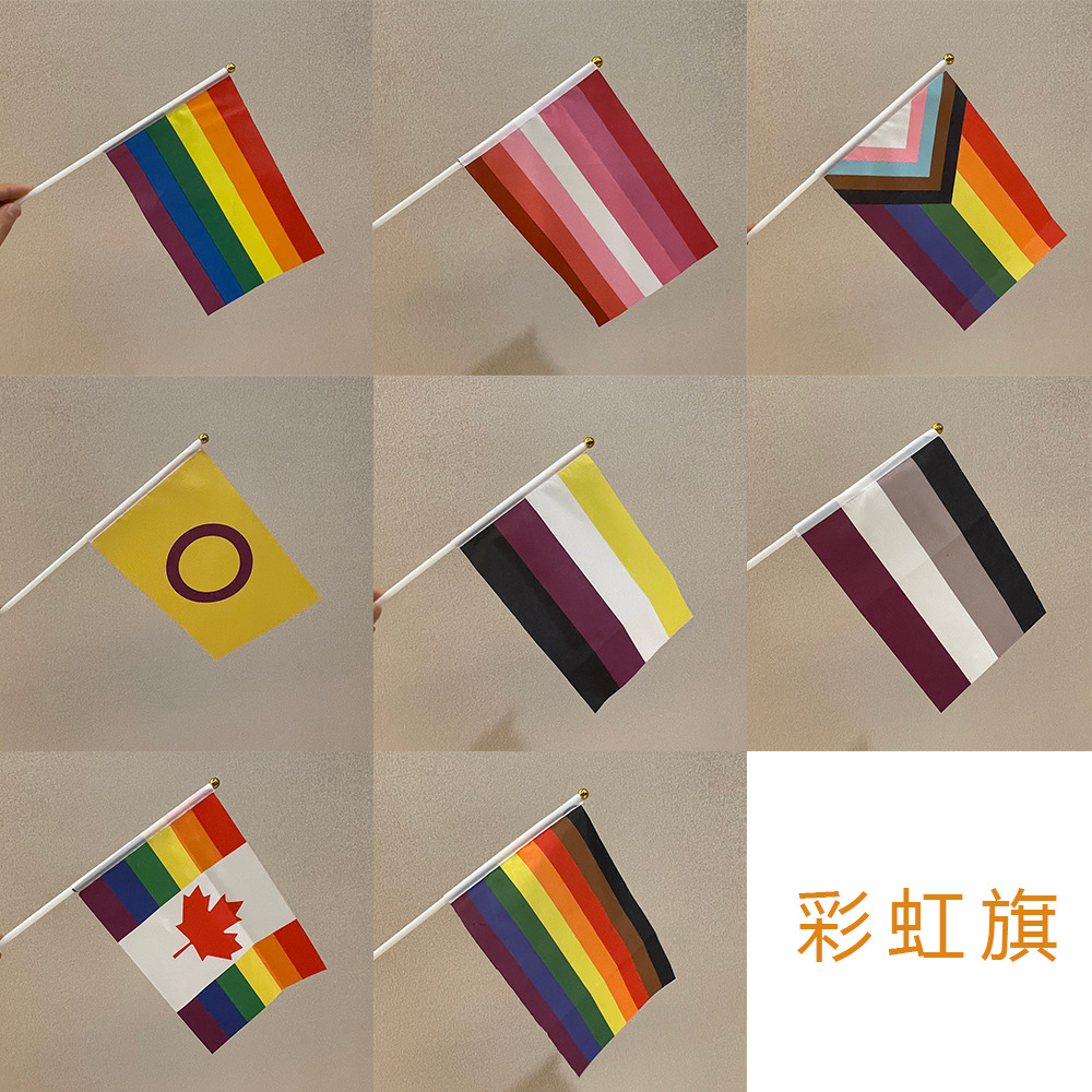 跨境现货14×21cm六色彩虹旗同性gay les男同女同带杆手摇旗帜