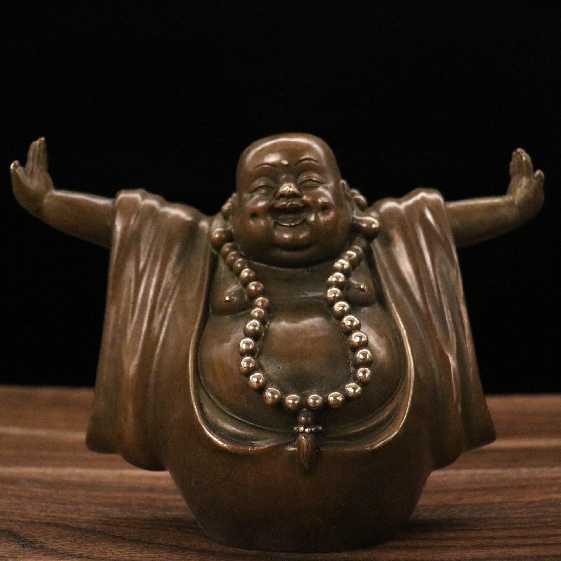 古玩收藏铜佛像仿古铜笑口常开大肚弥勒佛黄铜伸手弥勒佛家居摆件