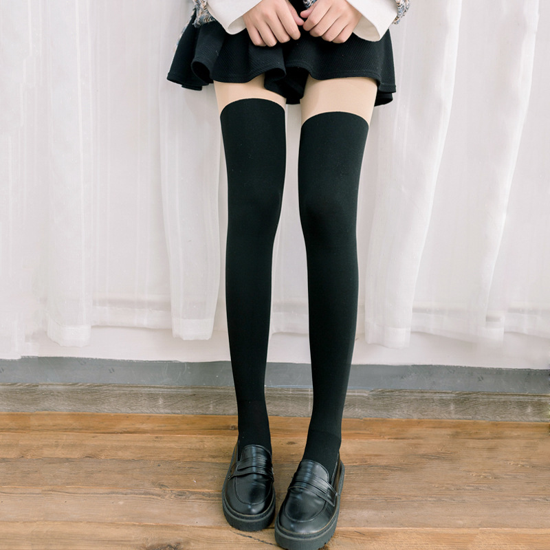 两色连裤袜假两件打底裤女加绒加厚假高筒过膝大腿袜双色拼接丝袜