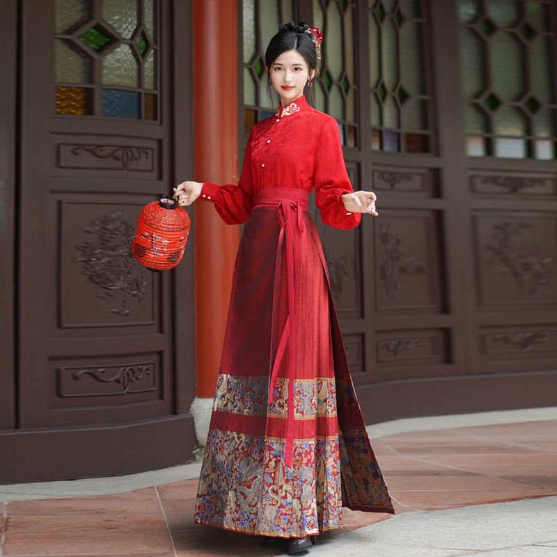 Real Shot Longfeng Heavy Industry Woven Gold Red Horse-Face Skirt Cloud Shoulder Women's Han Chinese Clothing Toast Engagement Dress New Chinese National Style Suit