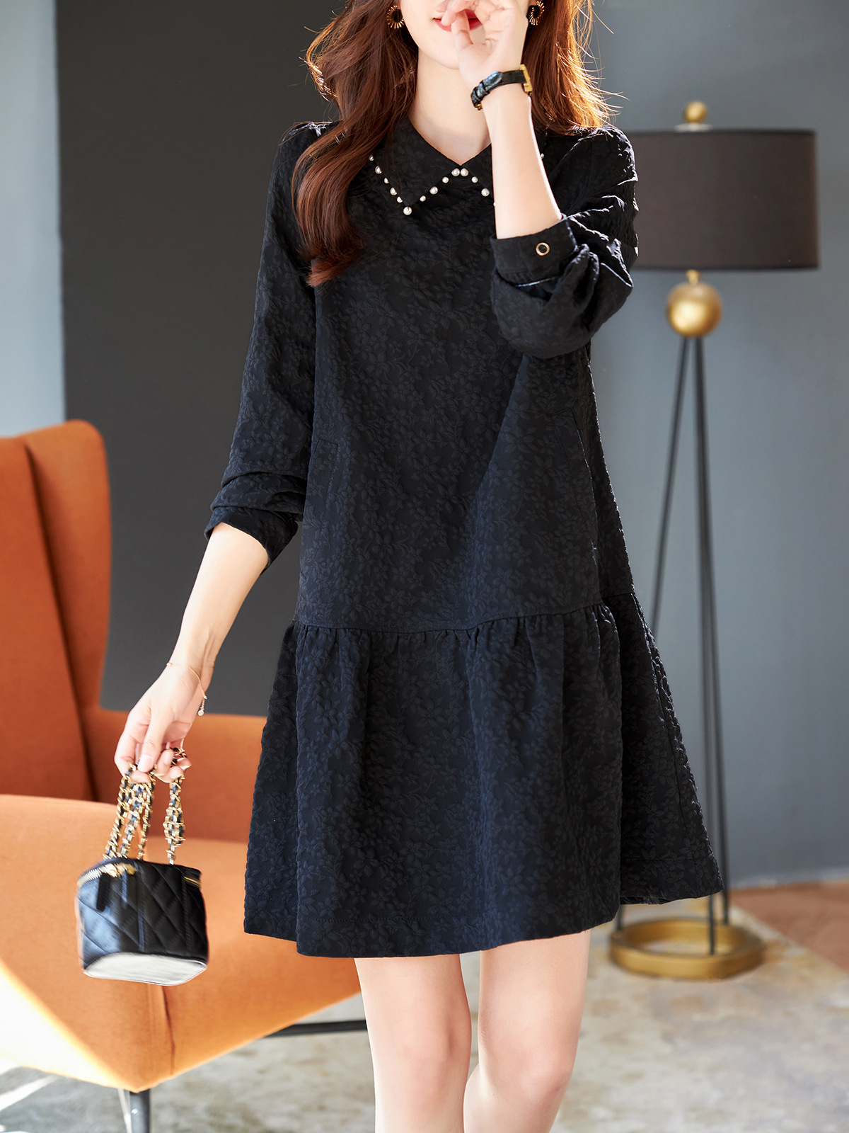 翻领钉珠秋冬长袖提花连衣裙2024新款时尚气质显瘦中长裙子-阿里巴巴