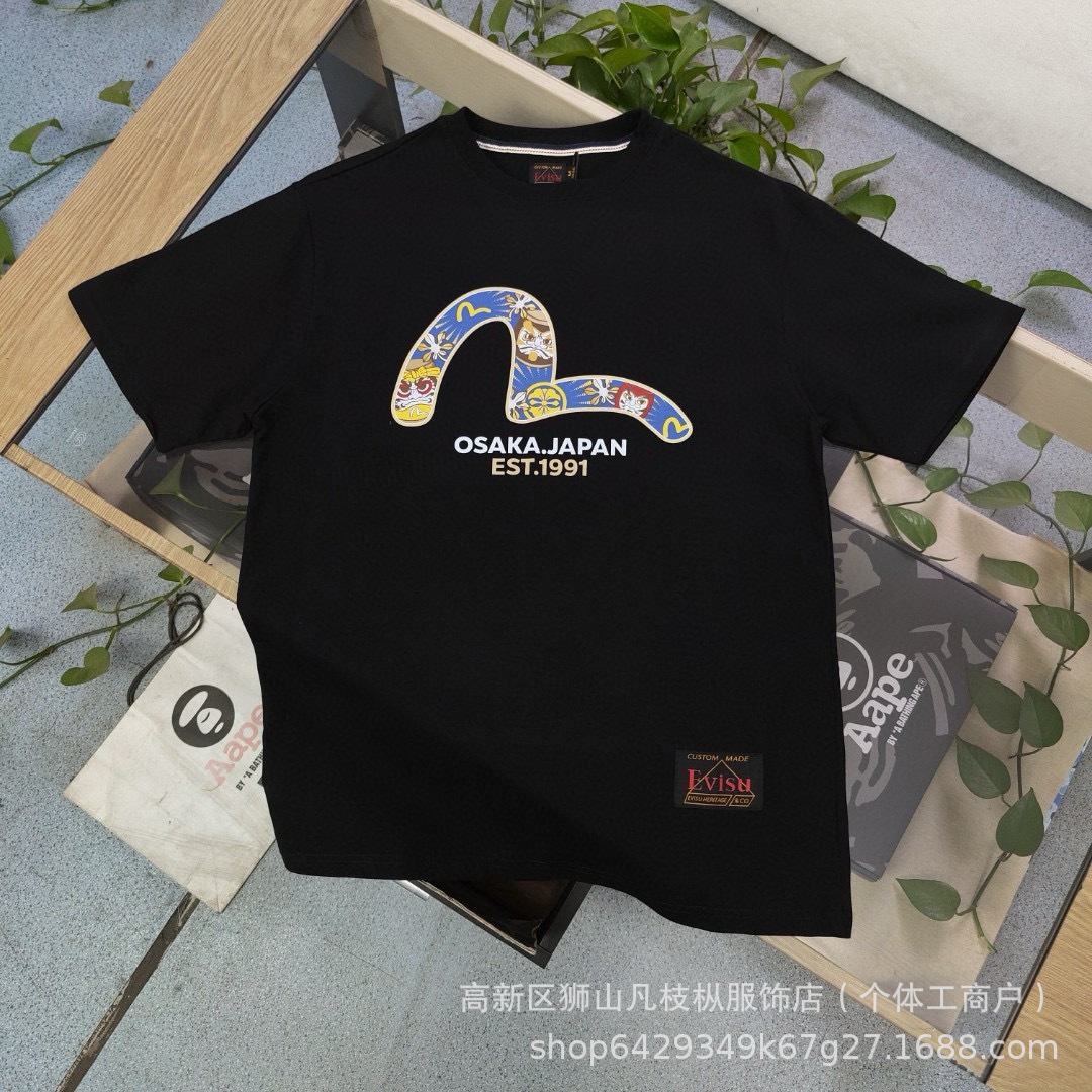 高品质夏季evisu福神海鸥招财猫图案logo印花休闲情侣宽松短袖t恤
