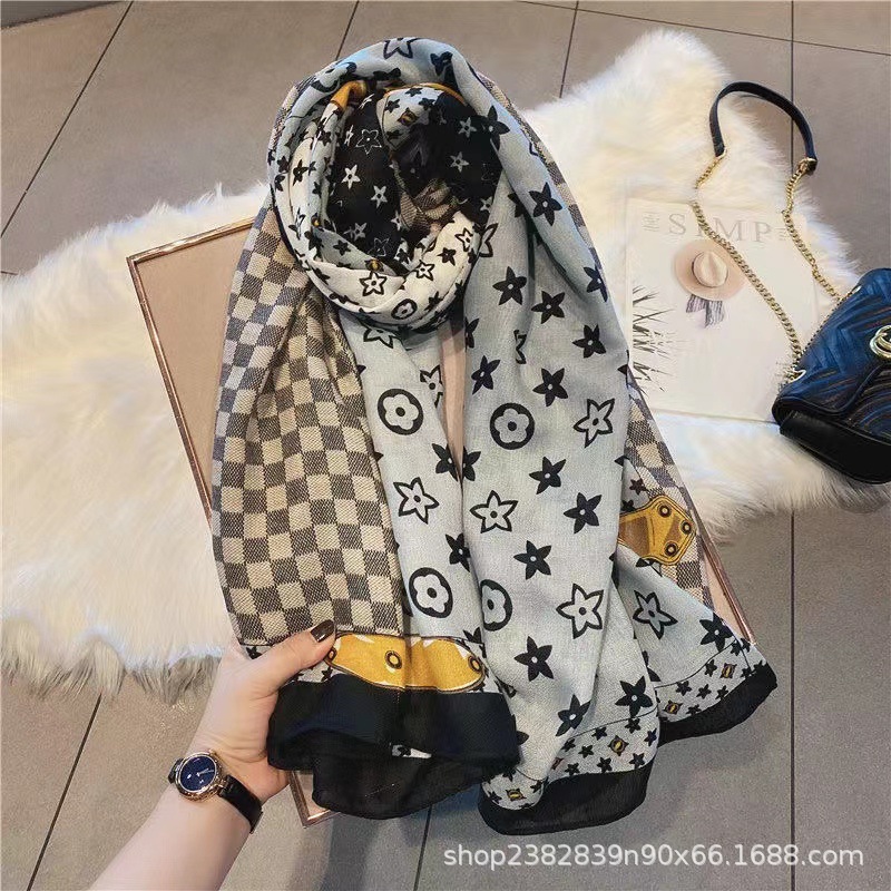 One Piece Dropshipping 2023 Live Broadcast Korean Style Printed Cotton and Linen Scarf European and American Classic Autumn and Winter Warm Scarf Outer Shawl
