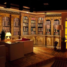 欧式图书馆壁纸哈利波特书房直播民国风剧本杀书柜仿实木书架墙纸
