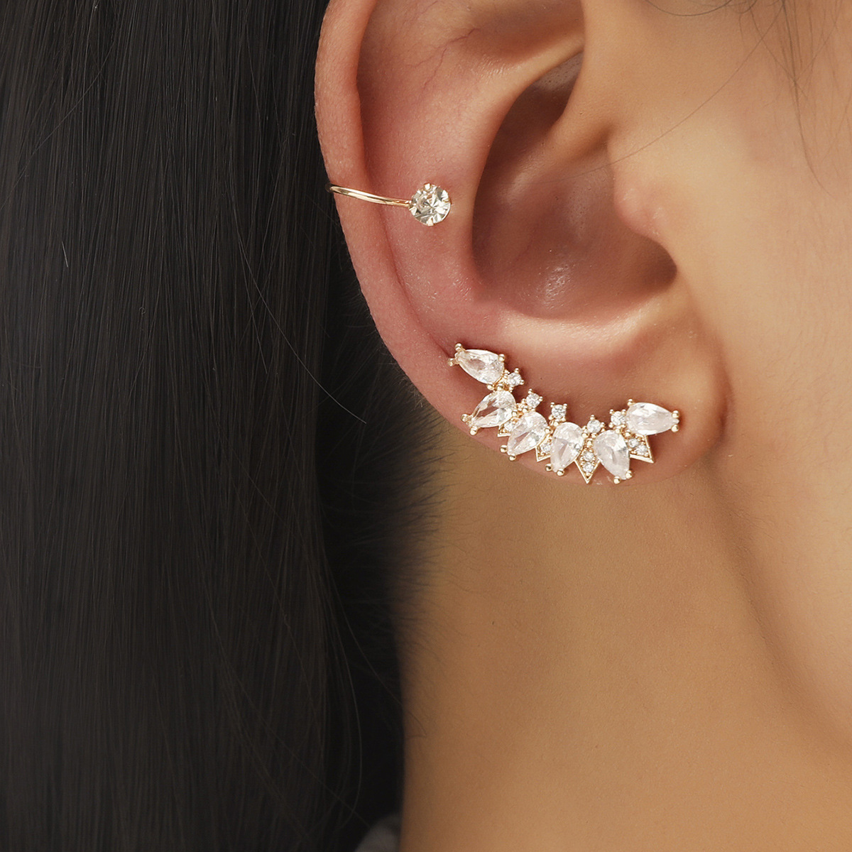 New Minimalist Star Small Diamond Ear Clip Leaf Flower SUNFLOWER Geometric Pearl Zircon Non-Piercing Earrings Set