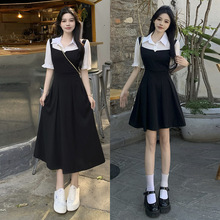 黑色假两件连衣裙夏季法式收腰显瘦赫本风小众衬衫设计感长短裙