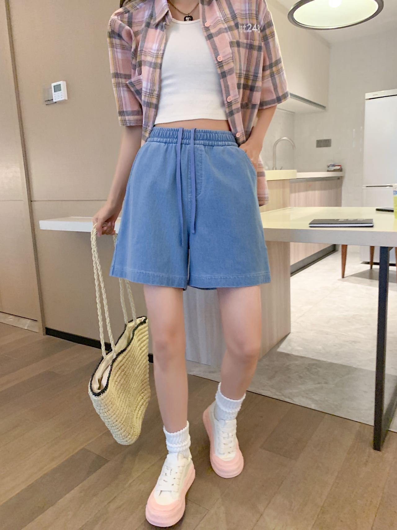 Washed Cotton Denim Short Women's 2023 Summer Thin Loose Slimming and All-Matching Drawstring Straight Wide Leg Casual Pants