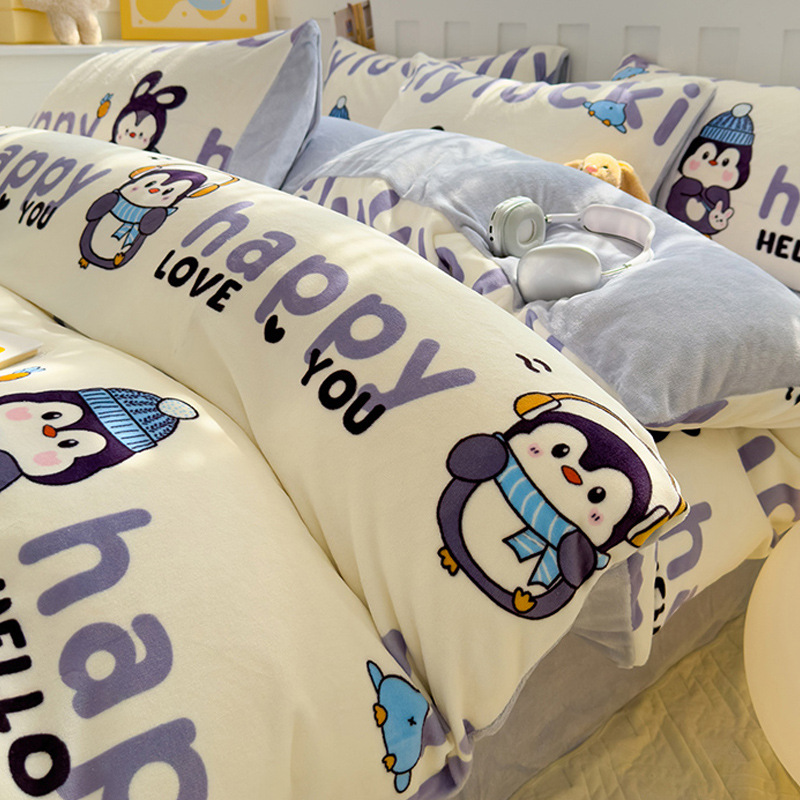 冬季牛奶绒四件套2025新款卡通风高克重双面绒加绒保暖被罩床单款