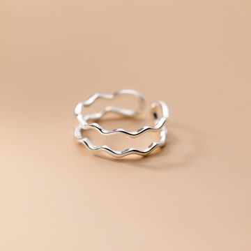 爱洛奇 s925银戒指女韩版简约气质个性双层线条波浪手饰品j8735