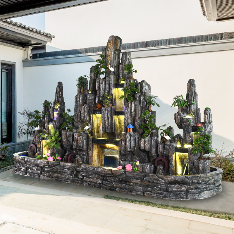 大型假山流水喷泉瀑布景观户外别墅庭院花园室内大厅落地摆件