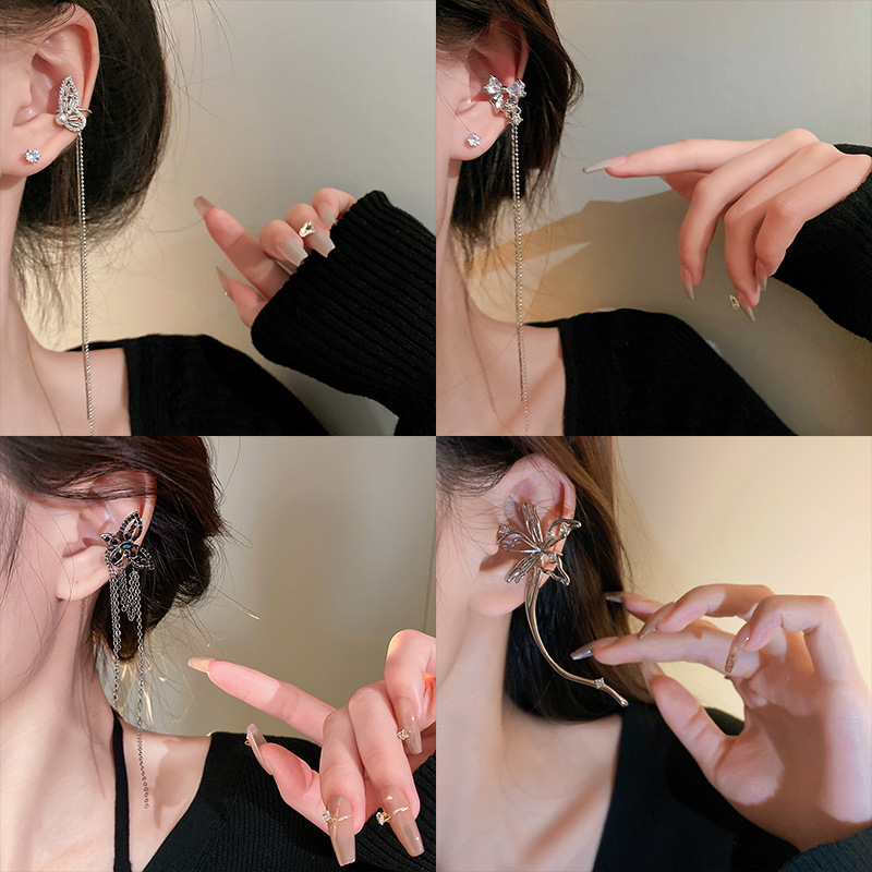 蝴蝶镶钻流苏耳夹冷淡风时尚气质设计感无耳洞耳骨夹个性耳饰批发