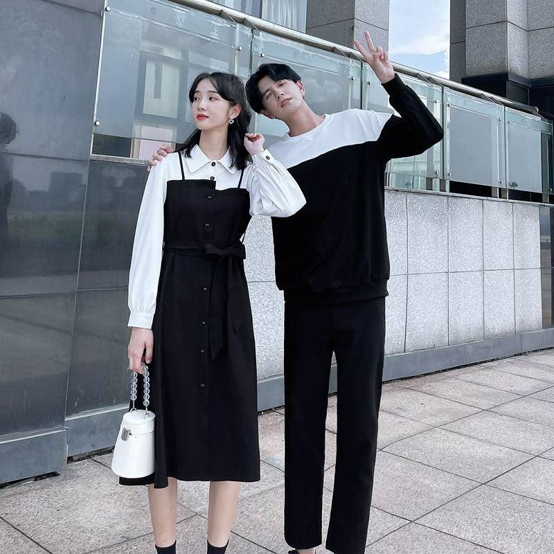 情侣装秋季设计感女黑白拼接长款长袖连衣裙男卫衣班服