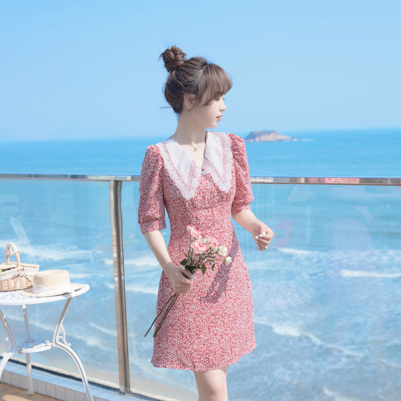 雪纺茶歇法式碎花裙小个子连衣裙女设计感小众短袖小清新裙子女夏