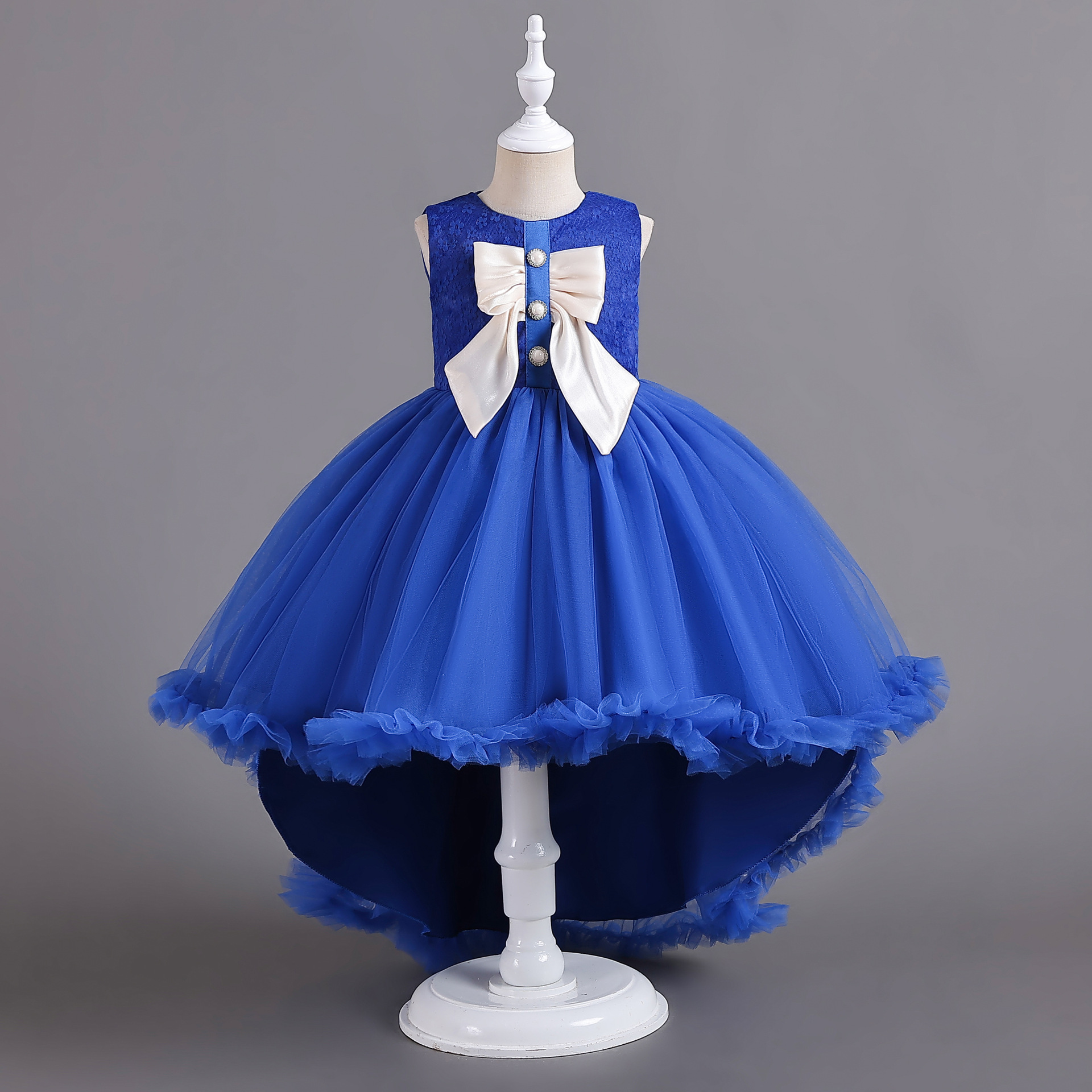 children‘s dress sleeveless lace stitching mesh trailing dress flower girl bow princess dress one-piece delivery