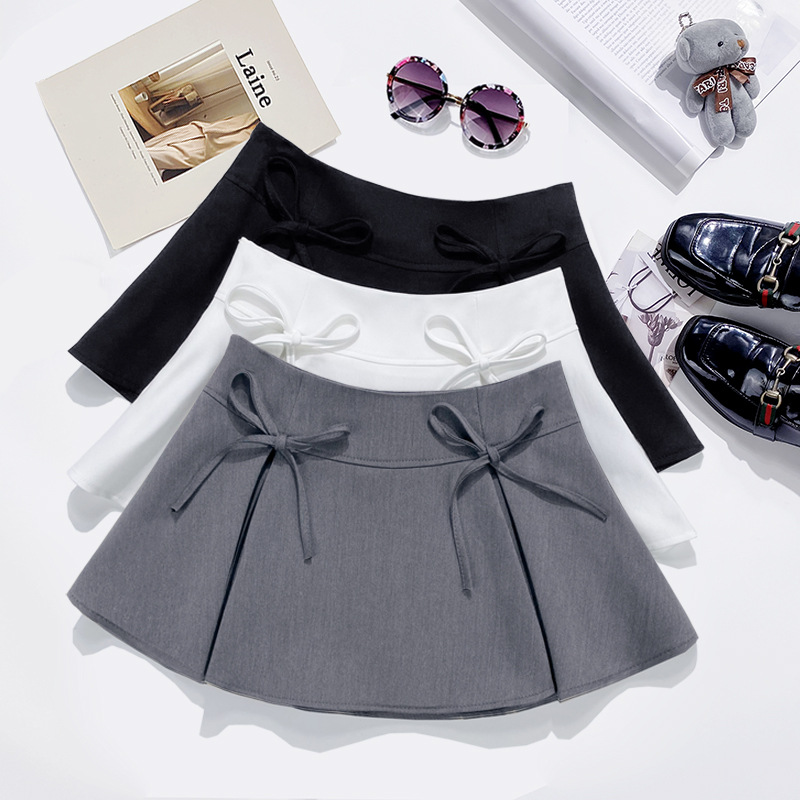 蝴蝶结系带辣妹裙学院风小众甜美超短裙防走光半身裙一件代发9078