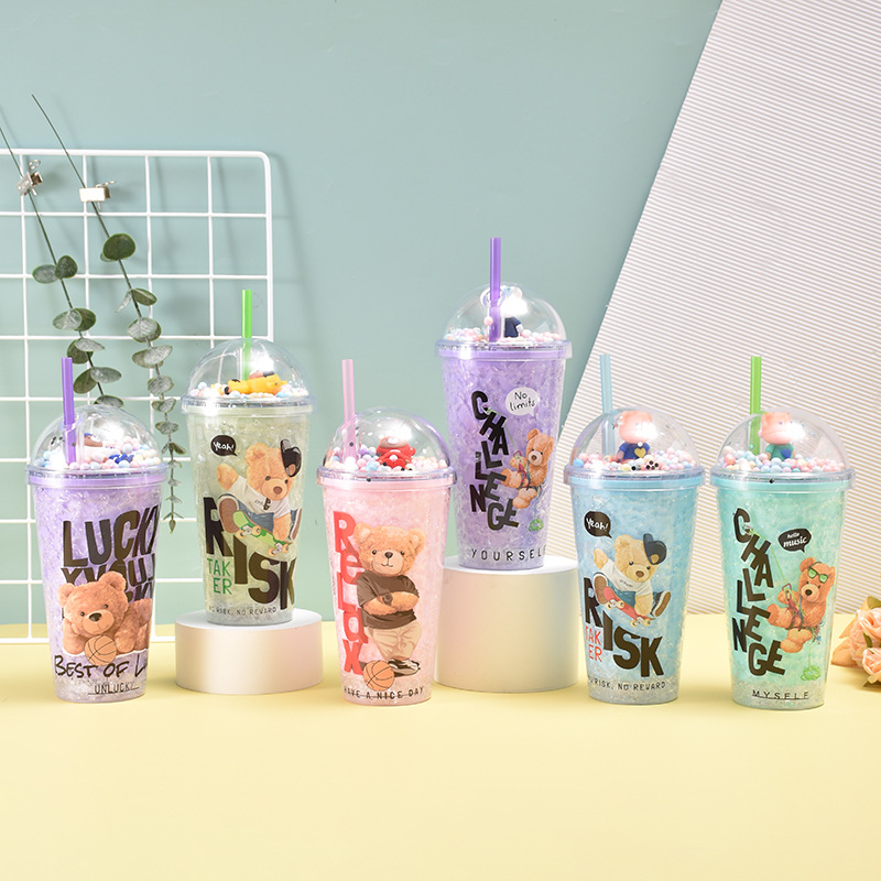 Internet Celebrity Little Bear Cartoon Plastic Cup Micro Landscape Cute Children's Straw Cup Good-looking Double Layer Summer Ice Glass Wholesale