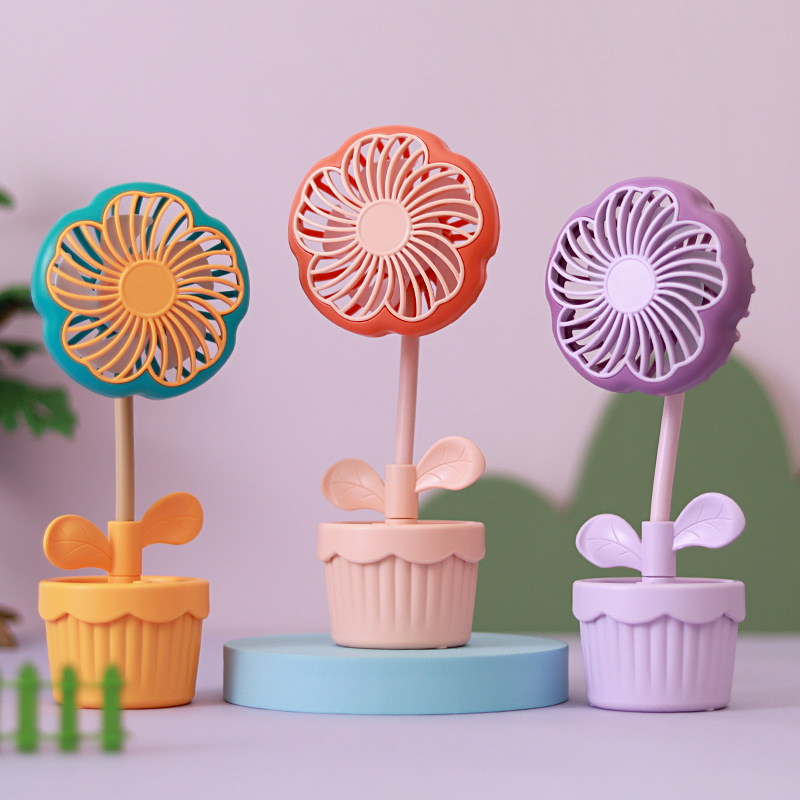 Cute Flower Pot Shape Little Fan Summer Trendy USB Little Fan Easy to Carry Mini Small Electric Fan