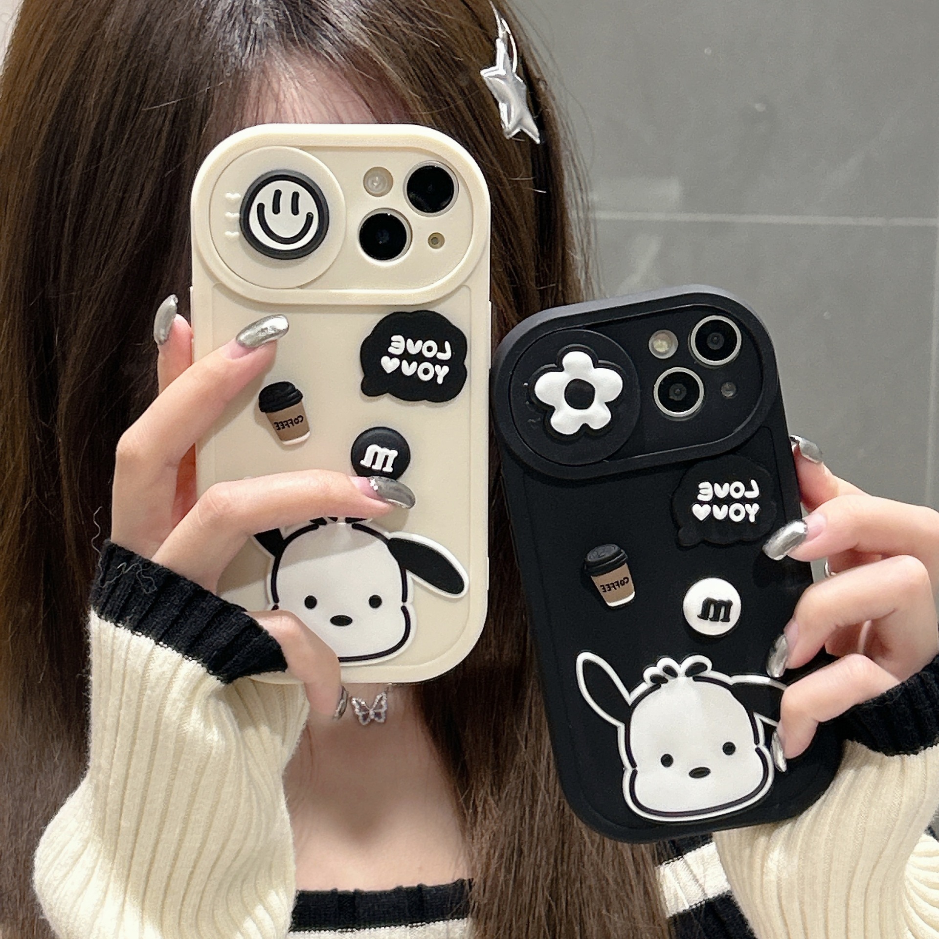 适用于苹果14promax手机壳13iphone12咖啡小狗卡通diy推窗11新款