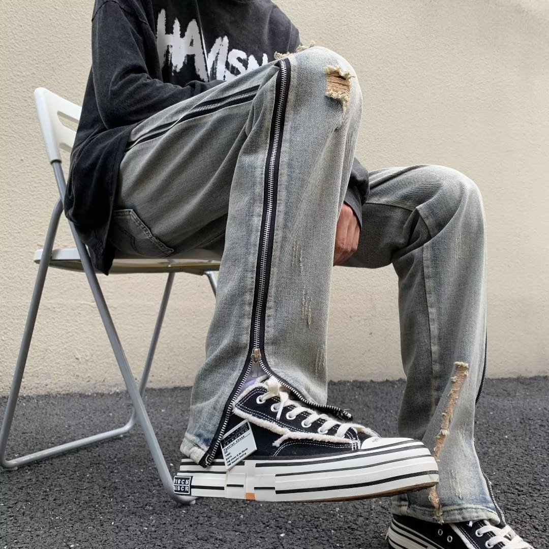 侧边拉链高街牛仔裤男款设计感小众垂感休闲长裤美式街头直筒裤子