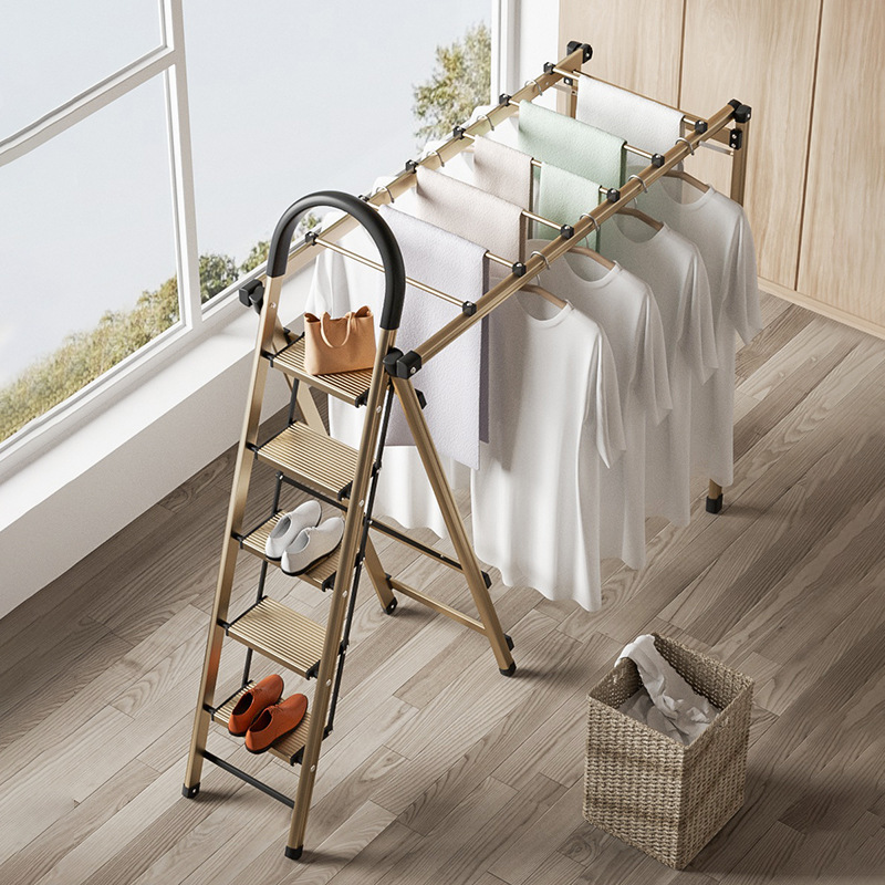 Drying Ladder Household Folding Stair Multi-Functional Indoor Dual-Use Trestle Ladder Thickened Aluminum Alloy Folding Clothes Hanger