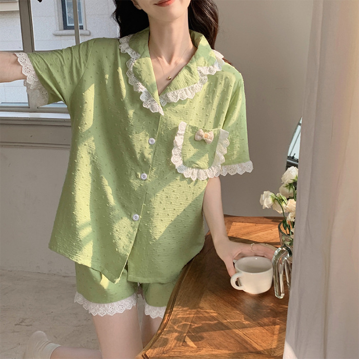 2023 New Pajamas Women's Summer Cardigan Short-Sleeved Shorts Lace Lapel Small Fresh Home Wear Suit Wholesale