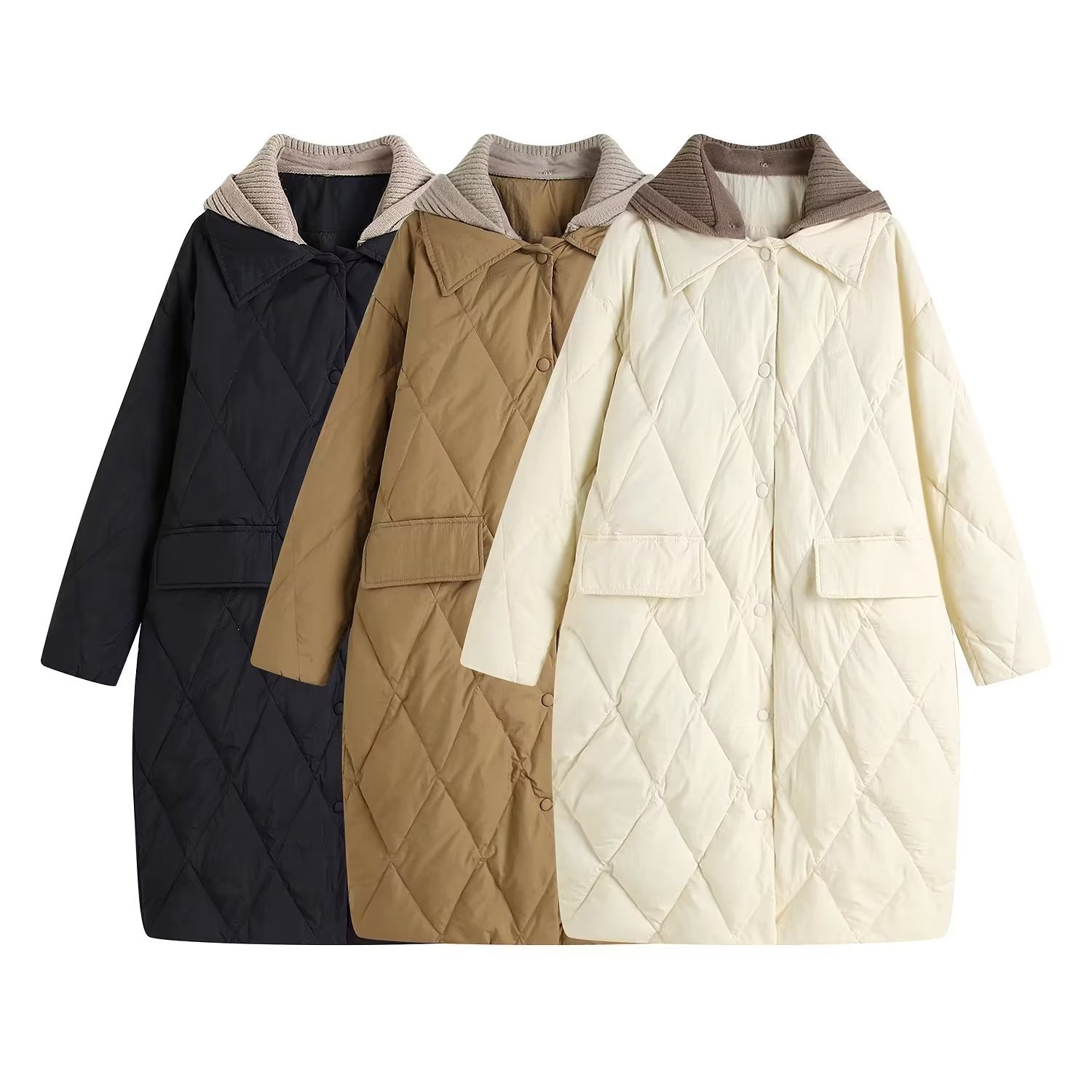 2022冬新款韩版宽松可拆卸针织连帽菱格中长款羽绒服-阿里巴巴