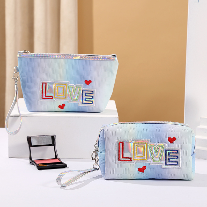 Laser Cute Cosmetics Buggy Bag Love Student Pencil Case Portable Travel Pu Large Capacity Zipper Bag