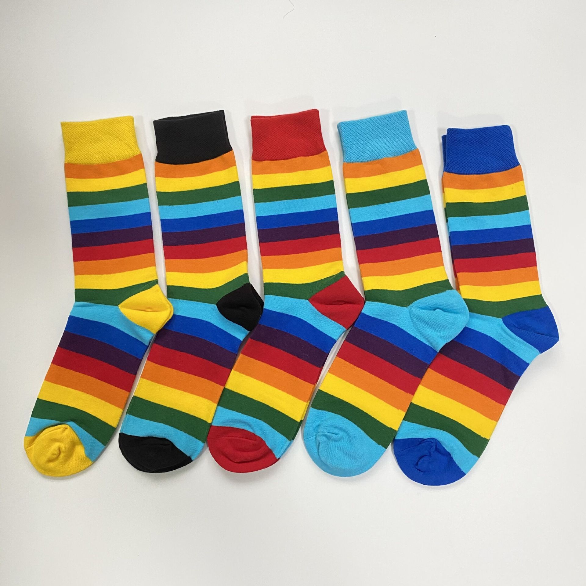 跨境亚马逊ebay男士中筒棉袜子彩色粗条纹袜子彩虹条纹大码男女袜