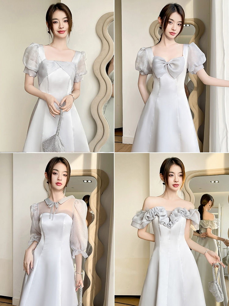 灰色伴娘服2023新款春季长款名媛公主风缎面小个子姐妹团礼服裙女