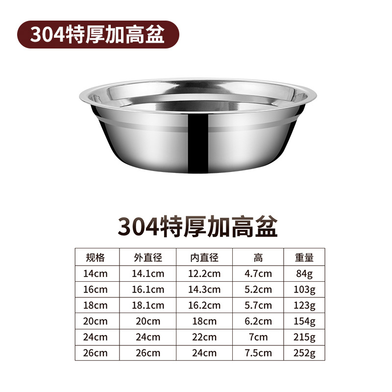 304 Stainless Steel Basin Wholesale Thickened Soup Bowl Household Canteen Soup Plate Basin Washing Basin Egg Pots Seasoning Basin