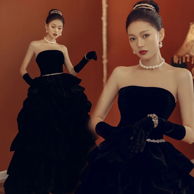 新款影楼主题服装黑色丝绒外景蛋糕裙婚纱情侣写真拍照摄影礼服