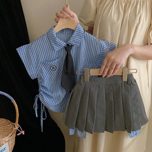 韩版童装2023夏季新款女童竖条纹无袖上衣不规则短裙套装95180
