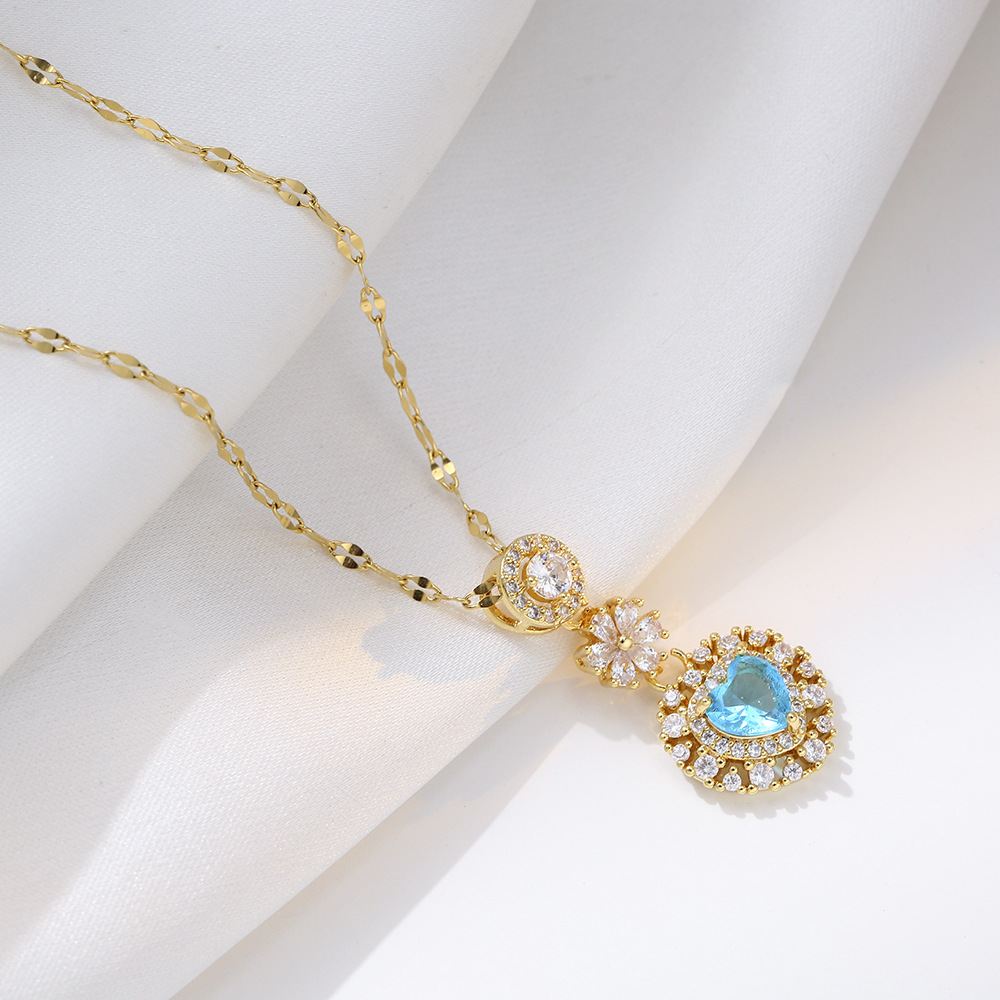 项链女网红甜美爱心蓝色锆石小众轻奢新款设计感吊坠气质钛钢项链