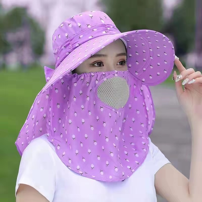 Summer Sun Hat Women's Sun-Proof Face Cover Shawl Hat Riding Face Care Broad-Brimmed Hat Mask Tea Picking Hat Small Cherry Foldable