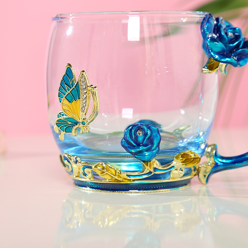 创意珐琅彩水杯家用杯子咖啡杯少女心水晶玻璃杯果汁杯花茶杯礼品