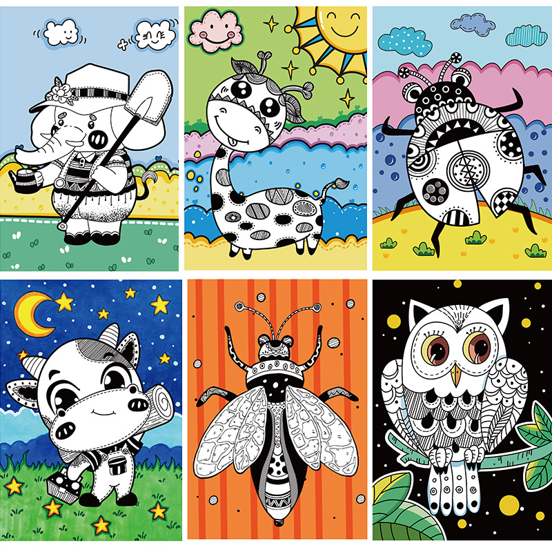 彩色线描临摹卡元素少儿创意美术儿童画美术创意画素材范画卡片