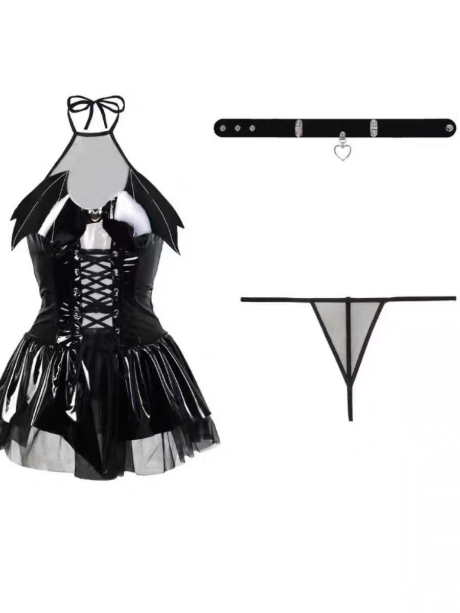 媚芝兰情趣小恶魔性感亮面pu挂脖绑带透短裙套装魅魔cos制服女装