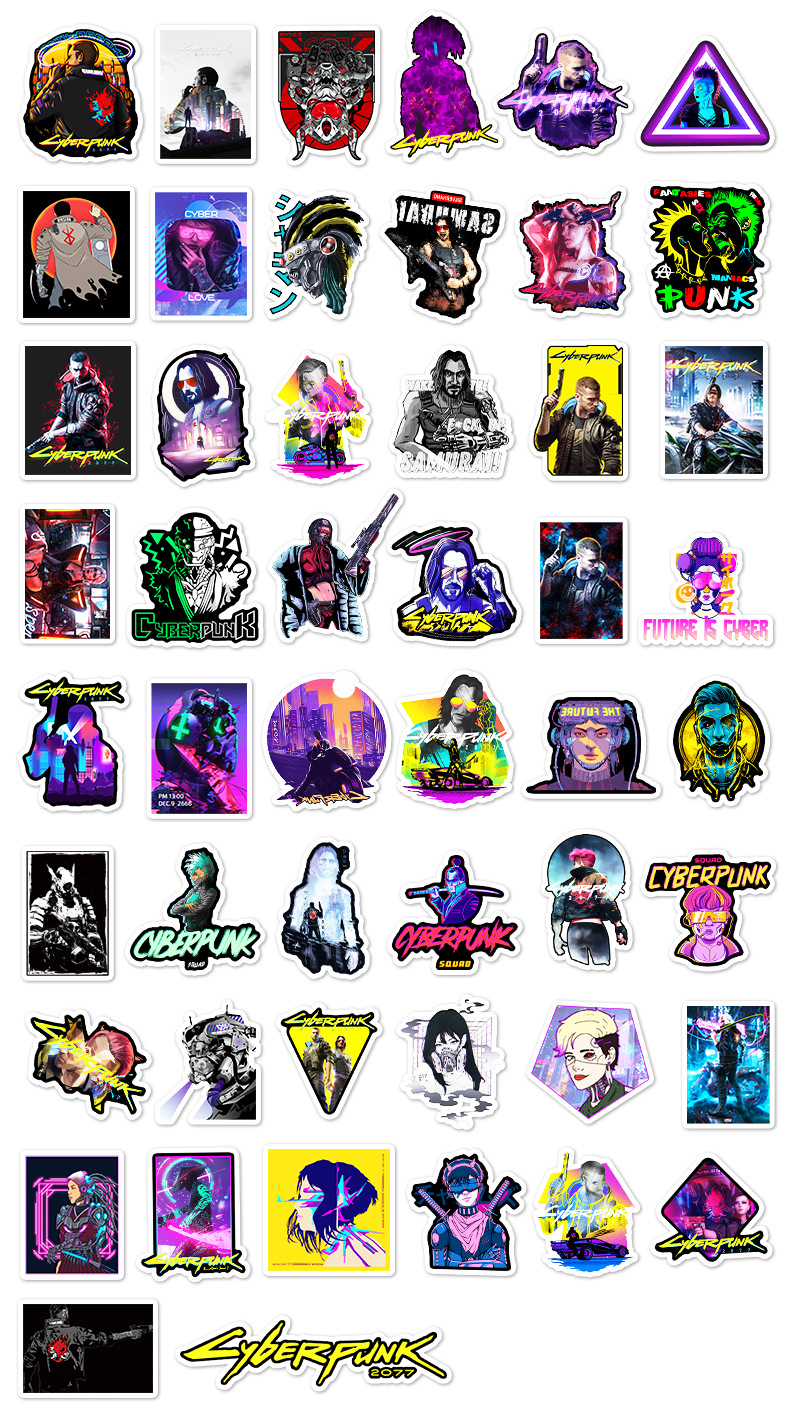 50张赛博朋克2077卡通涂鸦贴纸笔记本电脑手机汽车滑板车装饰贴纸