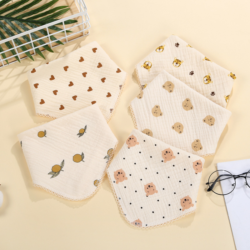 4-layer gauze cotton small square towel buckle multifunctional triangular binder lace champray baby saliva towel baby hand towel