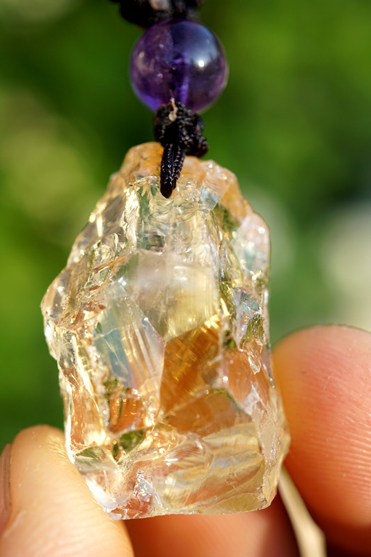 手工吊坠天然巴西火彩黄水晶原石项链吊坠