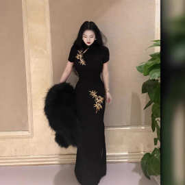 画报夫人 自制新中式国风刺绣旗袍连衣裙 短袖金竹