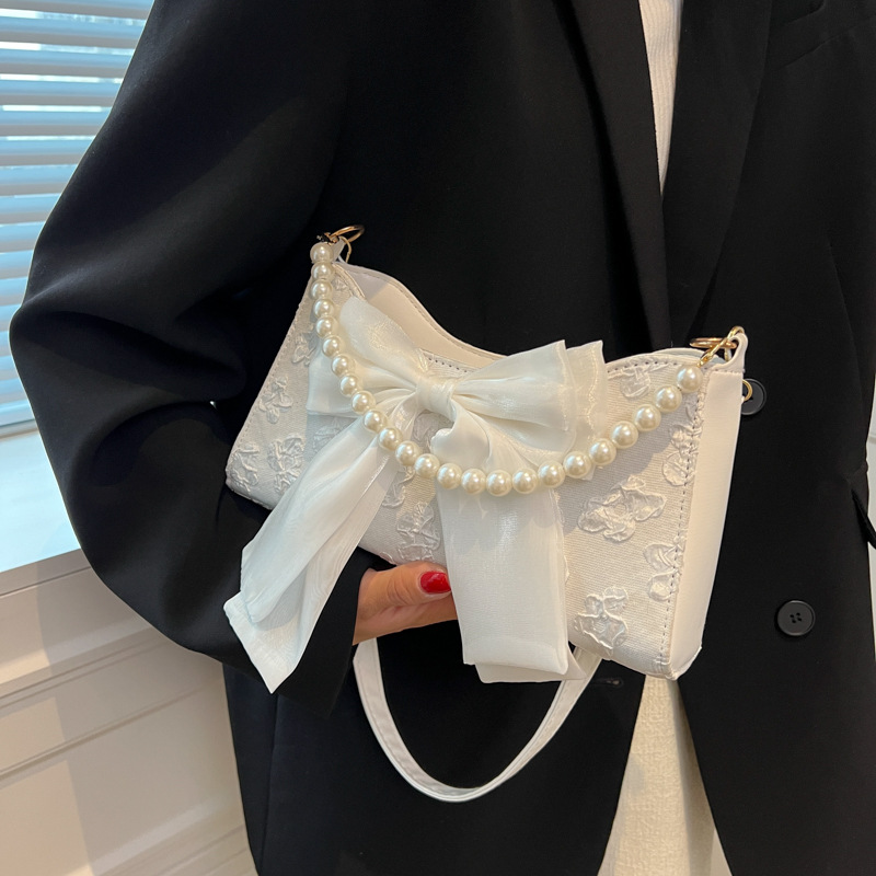 Fresh Bow Small Bag for Women 2022 New Korean Style Fashionable Solid Color Lace Underarm Bag Pearl Chain Messenger Bag