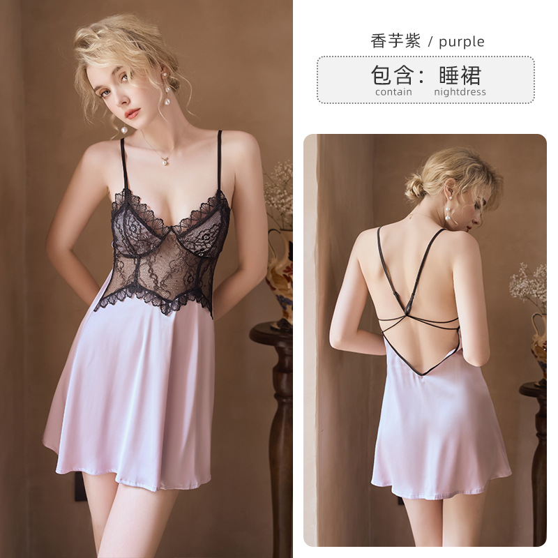 Spring and Summer New Sexy Pure Desire Ladies' Homewear with Chest Pad Push up Sling Nightdress Ice Silk Suit 3128