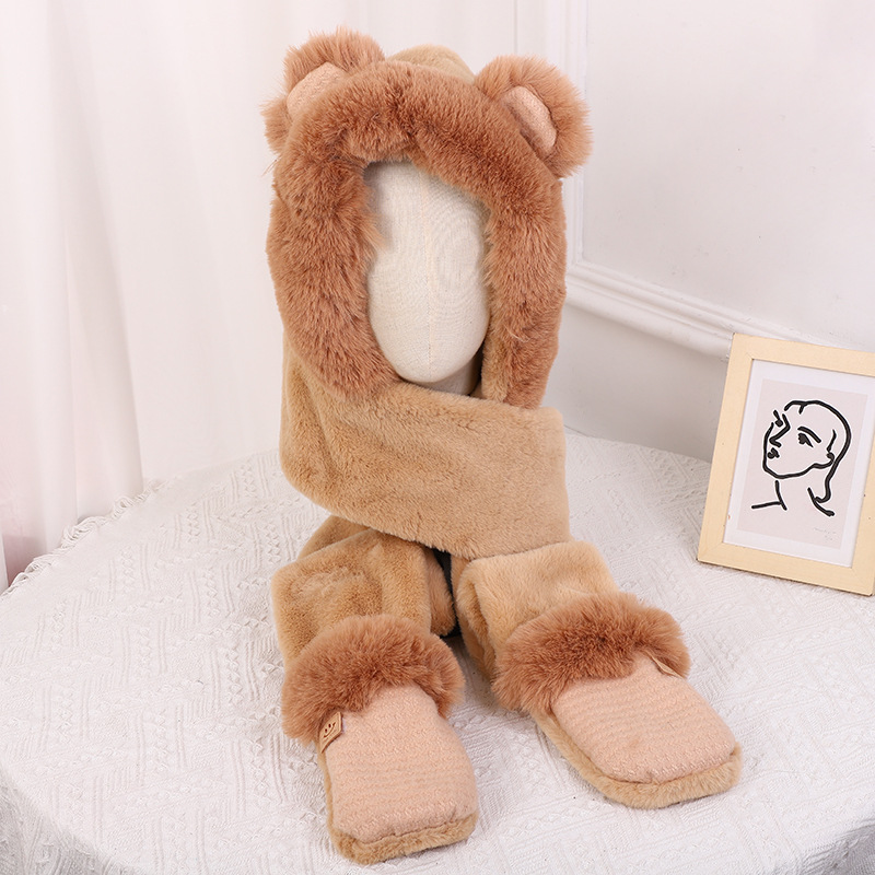 Cartoon Cute Bear Hat Scarf Three-Piece Set Winter Student Scarf Warm Gloves Plush Ear Protection One-Piece Hat