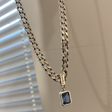 波斯湾海水蓝锆石镶钻粗链条幸运锆石毛衣链女小众设计感方钻项链