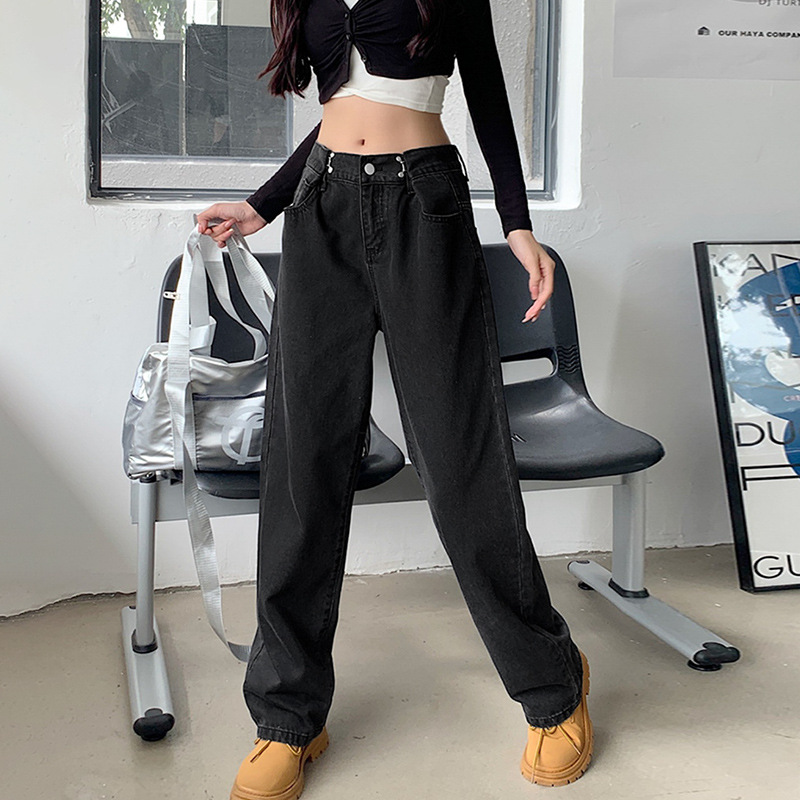 High Waist Straight Jeans for Women Spring and Autumn 2023 New Loose Adjustable Wide Leg Pants Sweet Cool Slimming Mop Trousers