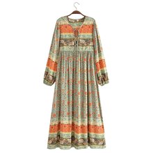 8804-冬季新款女装欧美风V领人棉水印长袖腰带长款连衣裙