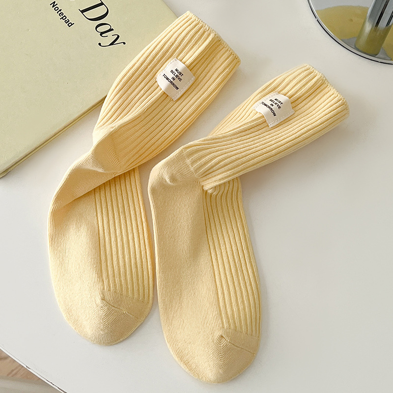 Personalized Cloth Label Socks Women's Mid Tube Stockings Mori Style Autumn and Winter Korean Ins Trendy Candy Color Sports Stockings Solid Color