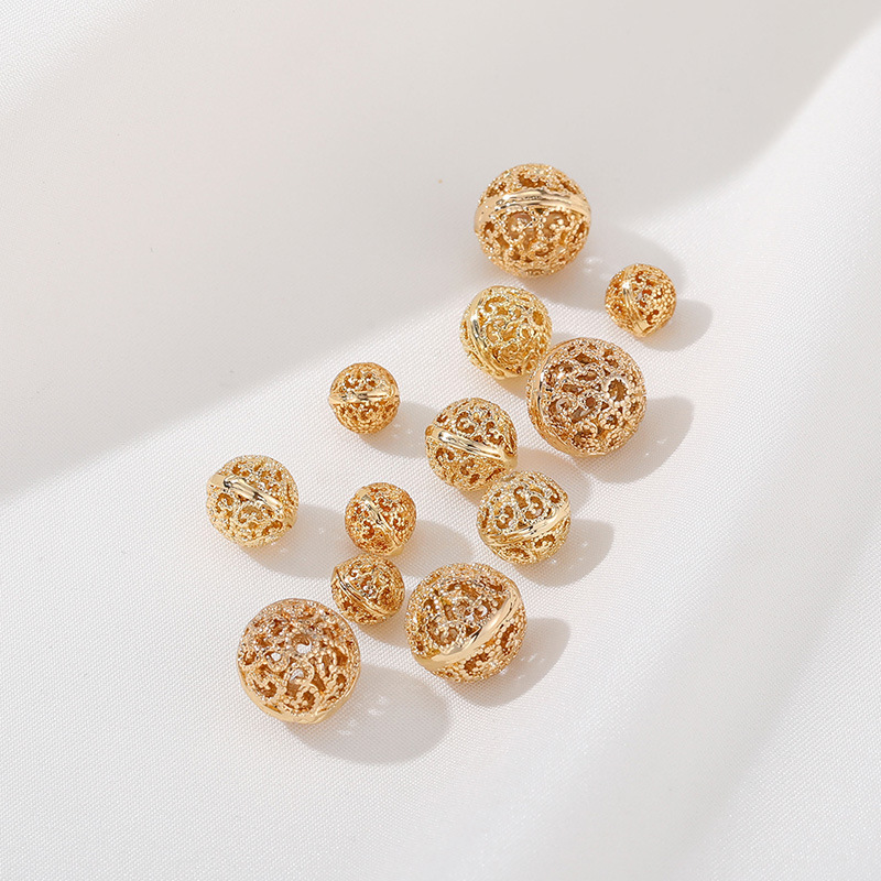 14K Gilded Carved Flower Hollow Ball Spacer Beads DIY Batch Flower Bracelet Pearl Bracelet Necklace round Beads Material Jewelry Accessories